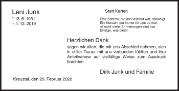 Traueranzeige von Leni Junk von Siegener Zeitung