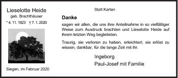 Traueranzeige von Lieselotte Heide von Siegener Zeitung