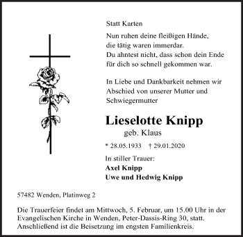 Traueranzeige von Lieselotte Knipp von Siegener Zeitung