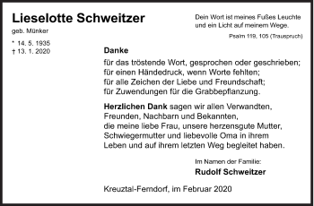 Traueranzeige von Lieselotte Schweitzer von Siegener Zeitung