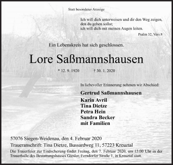Traueranzeige von Lore Saßmannshausen von Siegener Zeitung