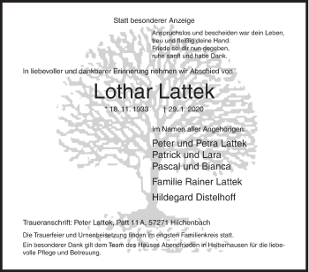 Traueranzeige von Lothar Lattek von Siegener Zeitung