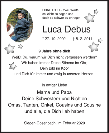 Traueranzeige von Luca Debus von Siegener Zeitung