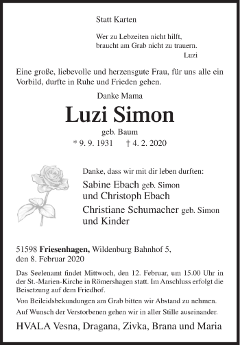 Traueranzeige von Luzi Simon von Siegener Zeitung