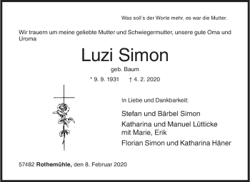 Traueranzeige von Luzi Simon von Siegener Zeitung