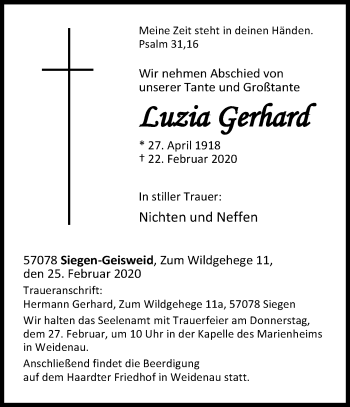 Traueranzeige von Luzia Gerhard von Siegener Zeitung
