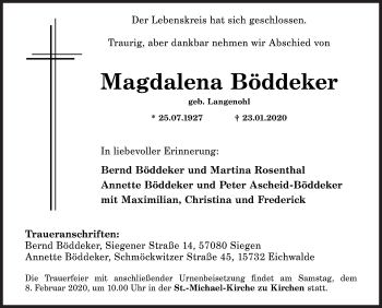 Traueranzeige von Magdalena Böddeker von Siegener Zeitung