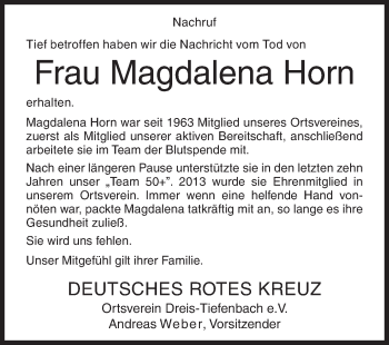 Traueranzeige von Magdalena Horn von Siegener Zeitung