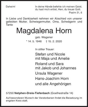 Traueranzeige von Magdalena Horn von Siegener Zeitung