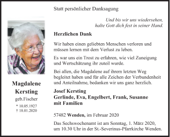 Traueranzeige von Magdalene Kersting von Siegener Zeitung