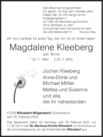 Traueranzeige von Magdalene Kleeberg von Siegener Zeitung
