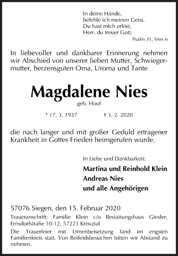 Traueranzeige von Magdalene Nies von Siegener Zeitung