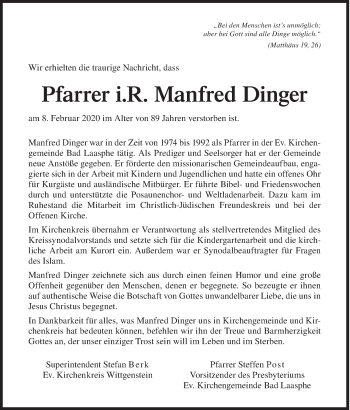 Traueranzeige von Manfred Dinger von Siegener Zeitung