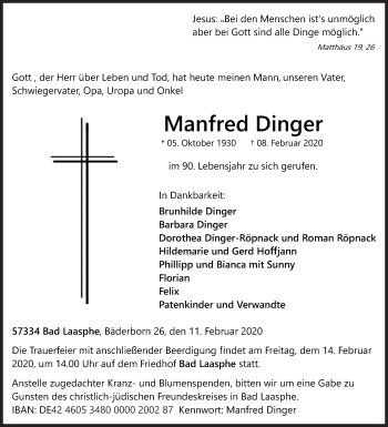 Traueranzeige von Manfred Dinger von Siegener Zeitung