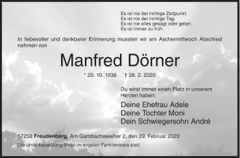 Traueranzeige von Manfred Dörner von Siegener Zeitung