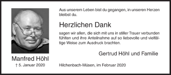Traueranzeige von Manfred Höhl von Siegener Zeitung