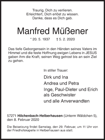 Traueranzeige von Manfred Müßener von Siegener Zeitung