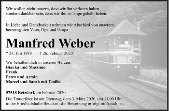 Traueranzeige von Manfred Weber von Siegener Zeitung
