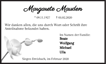 Traueranzeige von Margarete Mauden von Siegener Zeitung