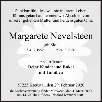Traueranzeige von Margarete Nevelsteen von Siegener Zeitung