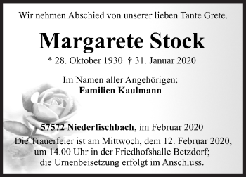 Traueranzeige von Margarete Stock von Siegener Zeitung