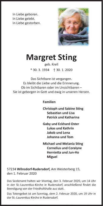 Traueranzeige von Margret Sting von Siegener Zeitung