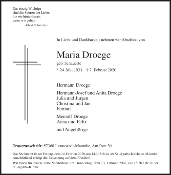 Traueranzeige von Maria Droege von Siegener Zeitung