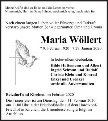 Traueranzeige von Maria Wöllert von Siegener Zeitung