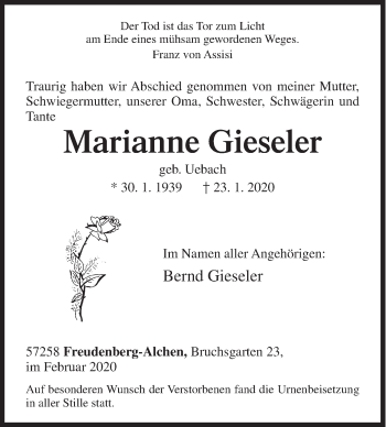 Traueranzeige von Marianne Gieseler von Siegener Zeitung