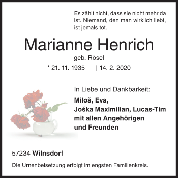 Traueranzeige von Marianne Henrich von Siegener Zeitung