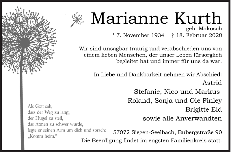  Traueranzeige für Marianne Kurth vom 22.02.2020 aus Siegener Zeitung