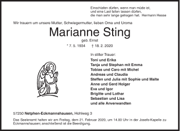 Traueranzeige von Marianne Sting von Siegener Zeitung