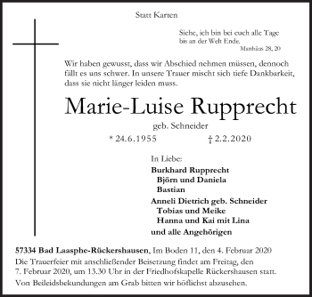 Traueranzeige von Marie-Luise Rupprecht von Siegener Zeitung