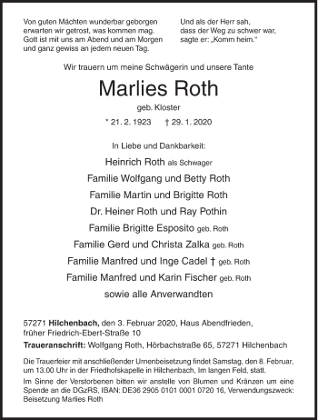 Traueranzeige von Marlies Roth von Siegener Zeitung