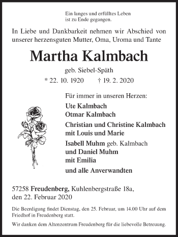 Traueranzeige von Martha Kalmbach von Siegener Zeitung