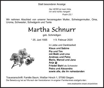 Traueranzeige von Martha Schnurr von Siegener Zeitung