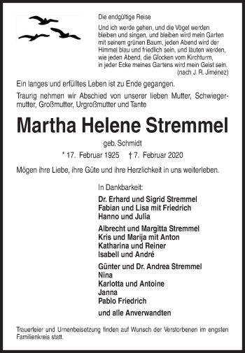 Traueranzeige von Martha Helene Stremmel von Siegener Zeitung