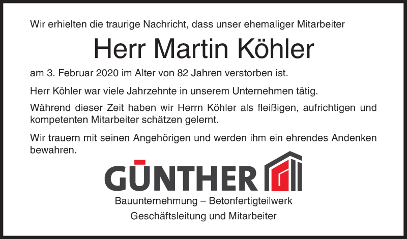  Traueranzeige für Martin Köhler vom 08.02.2020 aus Siegener Zeitung