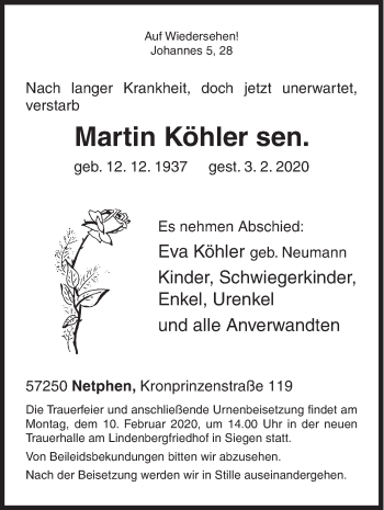 Traueranzeige von Martin Köhler sen. von Siegener Zeitung
