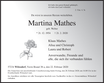 Traueranzeige von Martina Mathes von Siegener Zeitung