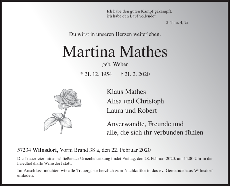  Traueranzeige für Martina Mathes vom 22.02.2020 aus Siegener Zeitung