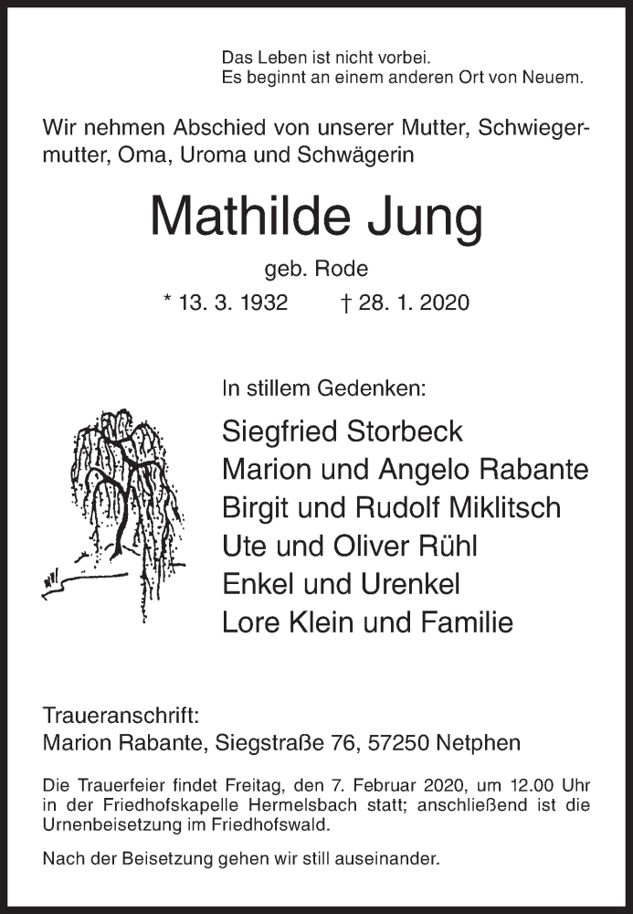  Traueranzeige für Mathilde Jung vom 04.02.2020 aus Siegener Zeitung