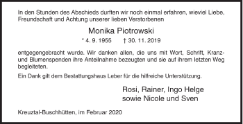 Traueranzeige von Monika Piotrowski von Siegener Zeitung