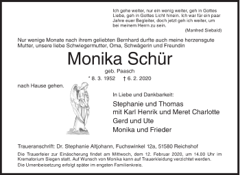 Traueranzeige von Monika Schür von Siegener Zeitung