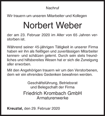 Traueranzeige von Norbert Weber von Siegener Zeitung