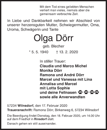 Traueranzeige von Olga Dörr von Siegener Zeitung