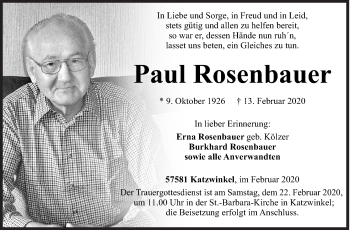 Traueranzeige von Paul Rosenbauer von Siegener Zeitung