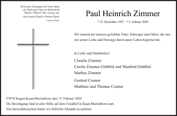 Traueranzeige von Paul Heinrich Zimmer von Siegener Zeitung