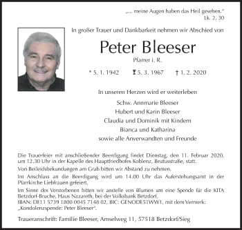 Traueranzeige von Peter Bleeser von Siegener Zeitung