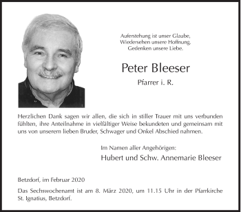 Traueranzeige von Peter Bleeser von Siegener Zeitung